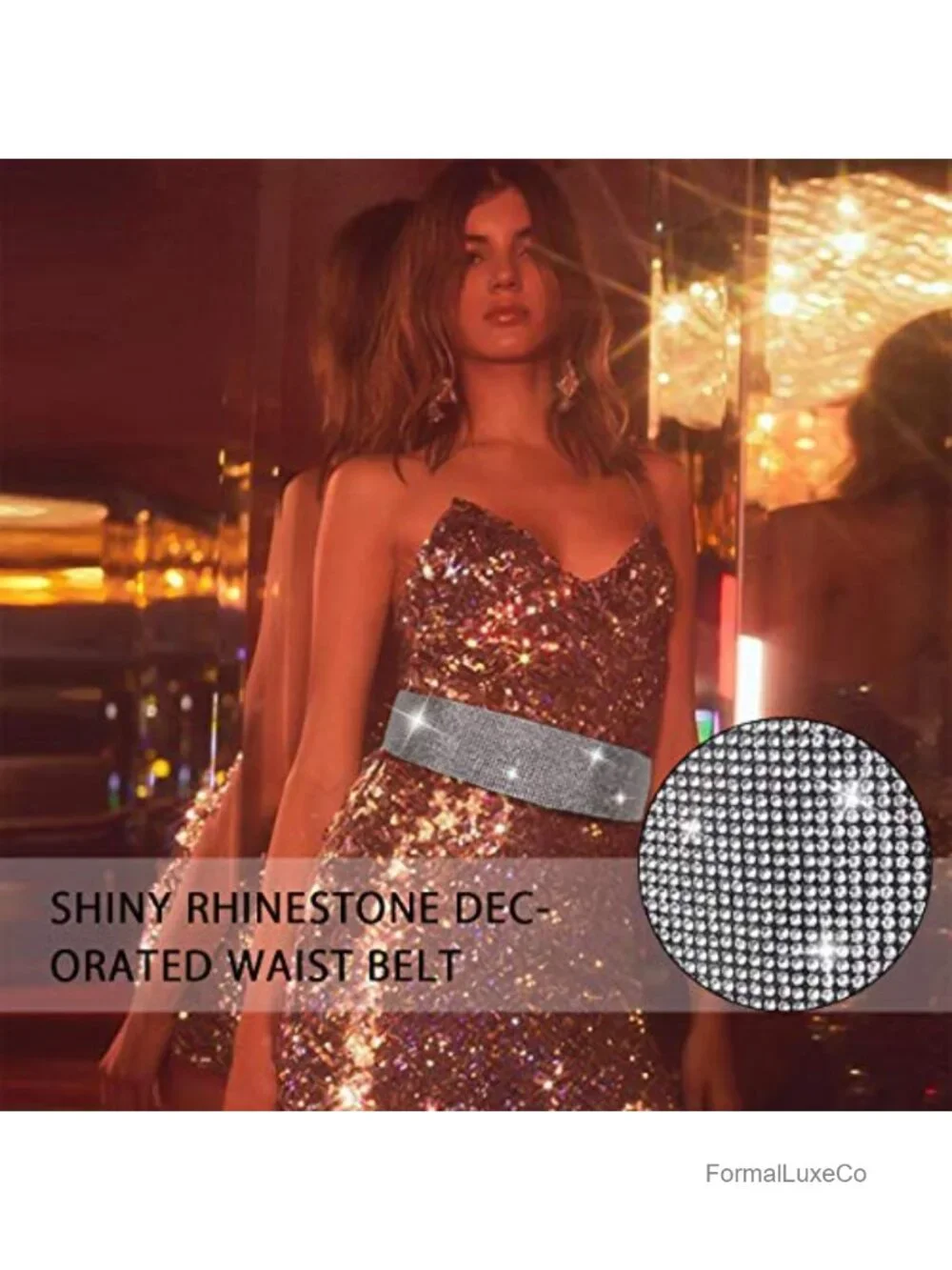 Faux Leather Rhinestone Stretch Belt No Buckle Dress Belt